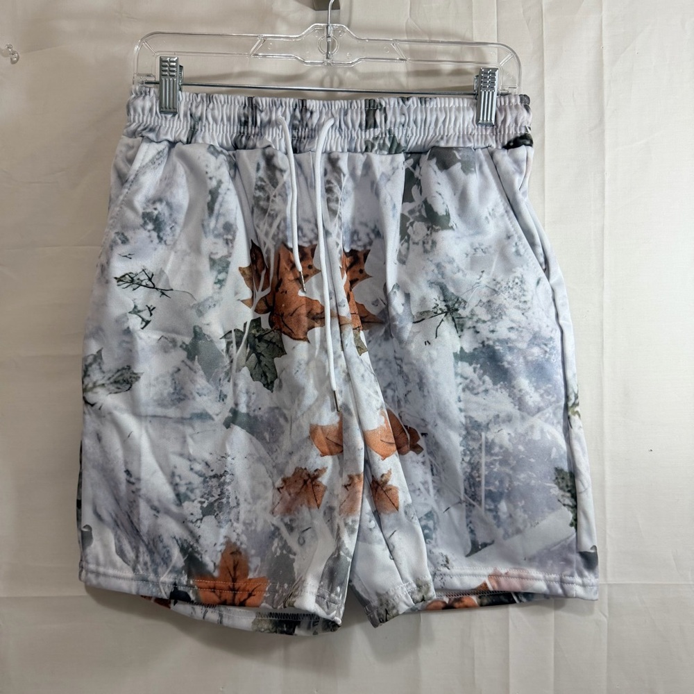 Grey, White, Orange Camouflage Leaf Print Elastic Waistband Drawstring Shorts XL